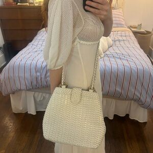 Vintage cem white woven leather bucket bag